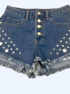 Cider Dark Blue Studded High-Rise Frayed Hem Jean Shorts